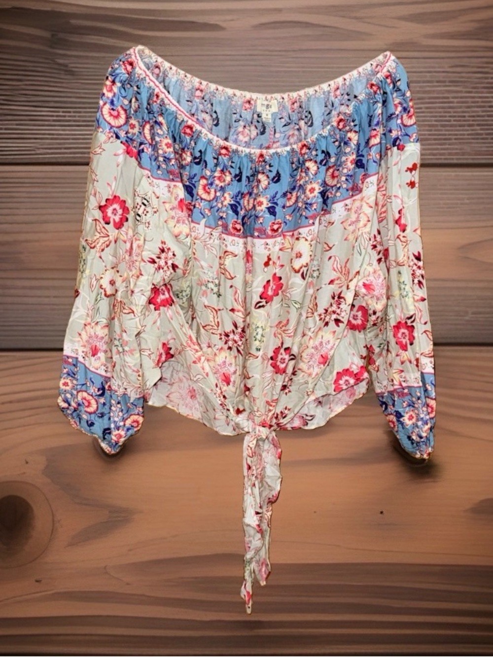 NWT Umgee Blue & Pink Floral Off-Shoulder Tie-Front Blouse-M